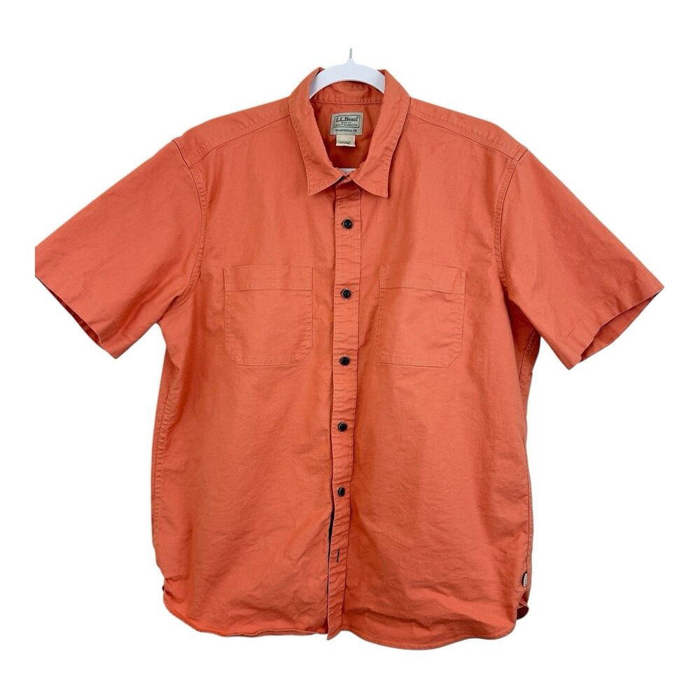 LL Bean Button Shirt Mens Sz M Traditional Fit Short Sleeve Cotton Orange Casual